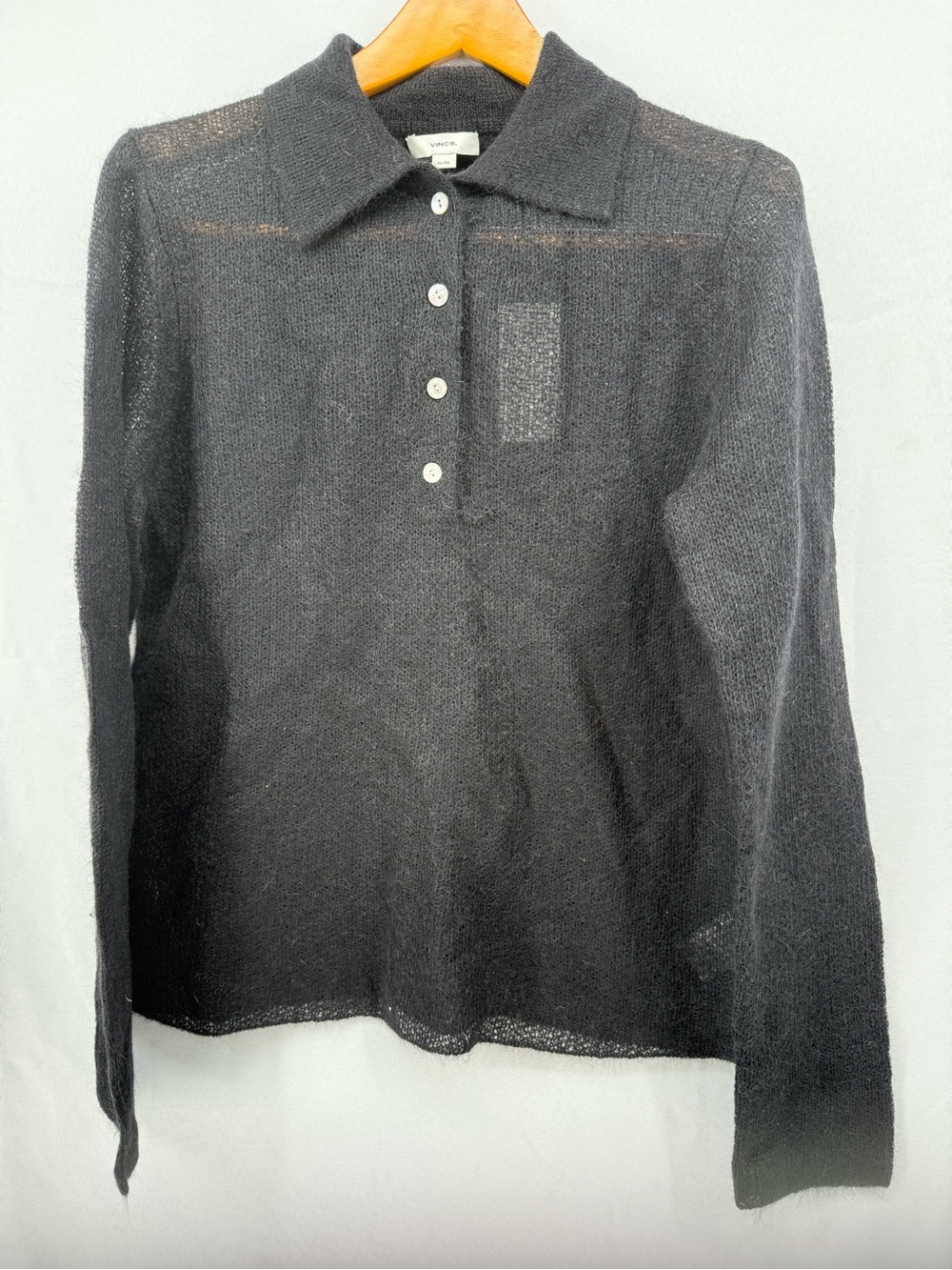 Vince Black Sheer Knit Polo Sweater Top